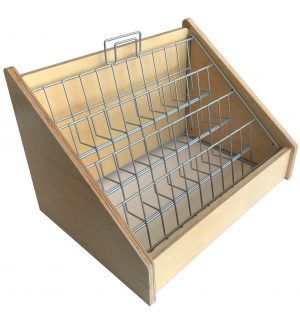 Wood and wire greeting card browser stand